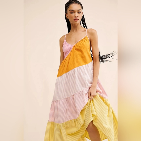 Free People What Love Is Maxi Dress Pink Colorblock Tiered - Picture 4 of 4